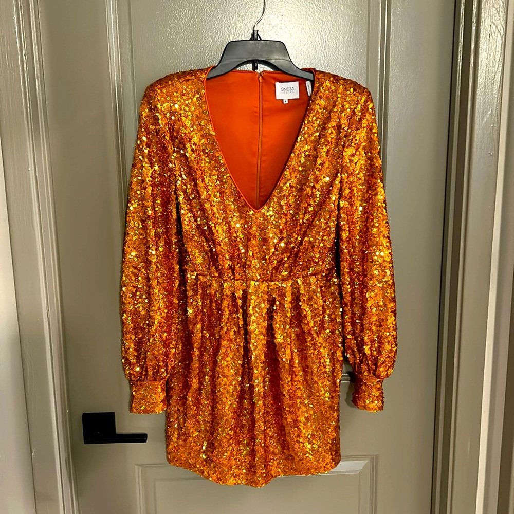 One33 Social Orange Pleated Front Sequined Long Sleeved Dress